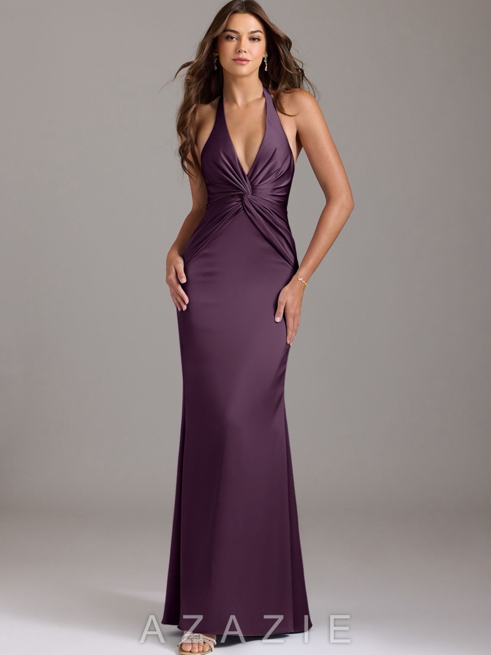 Azazie Plum Halter Knot-Front Maxi Gown